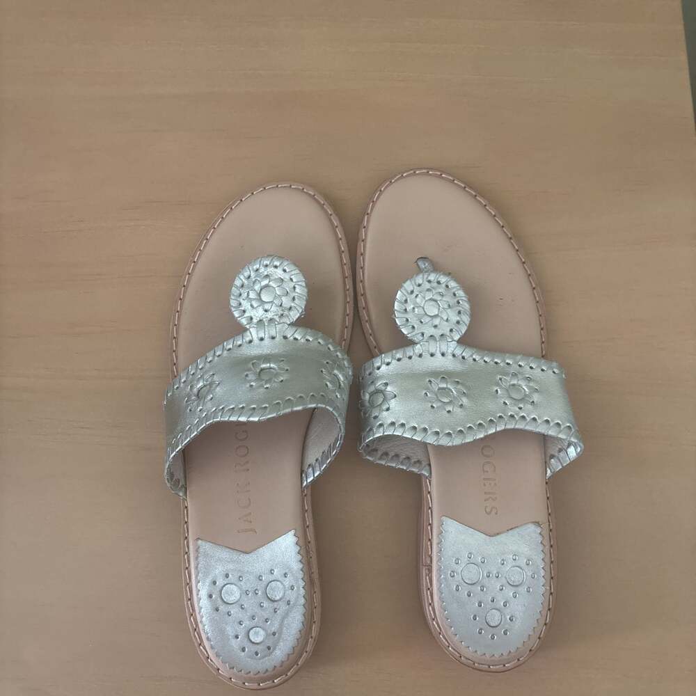 Jack Rogers Signature Jacks Flat Sandal in Silver Metallic Leather
